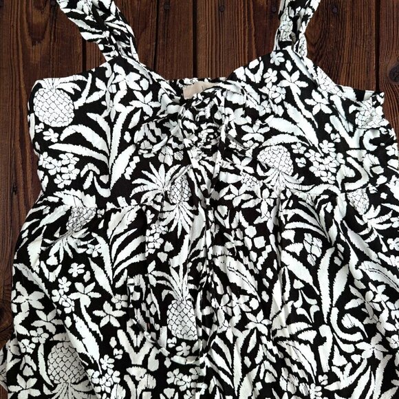 New LOFT Black & White Pineapple Ruffle Tie Neck Halter Top Sleeveless Blouse M - Picture 2 of 9